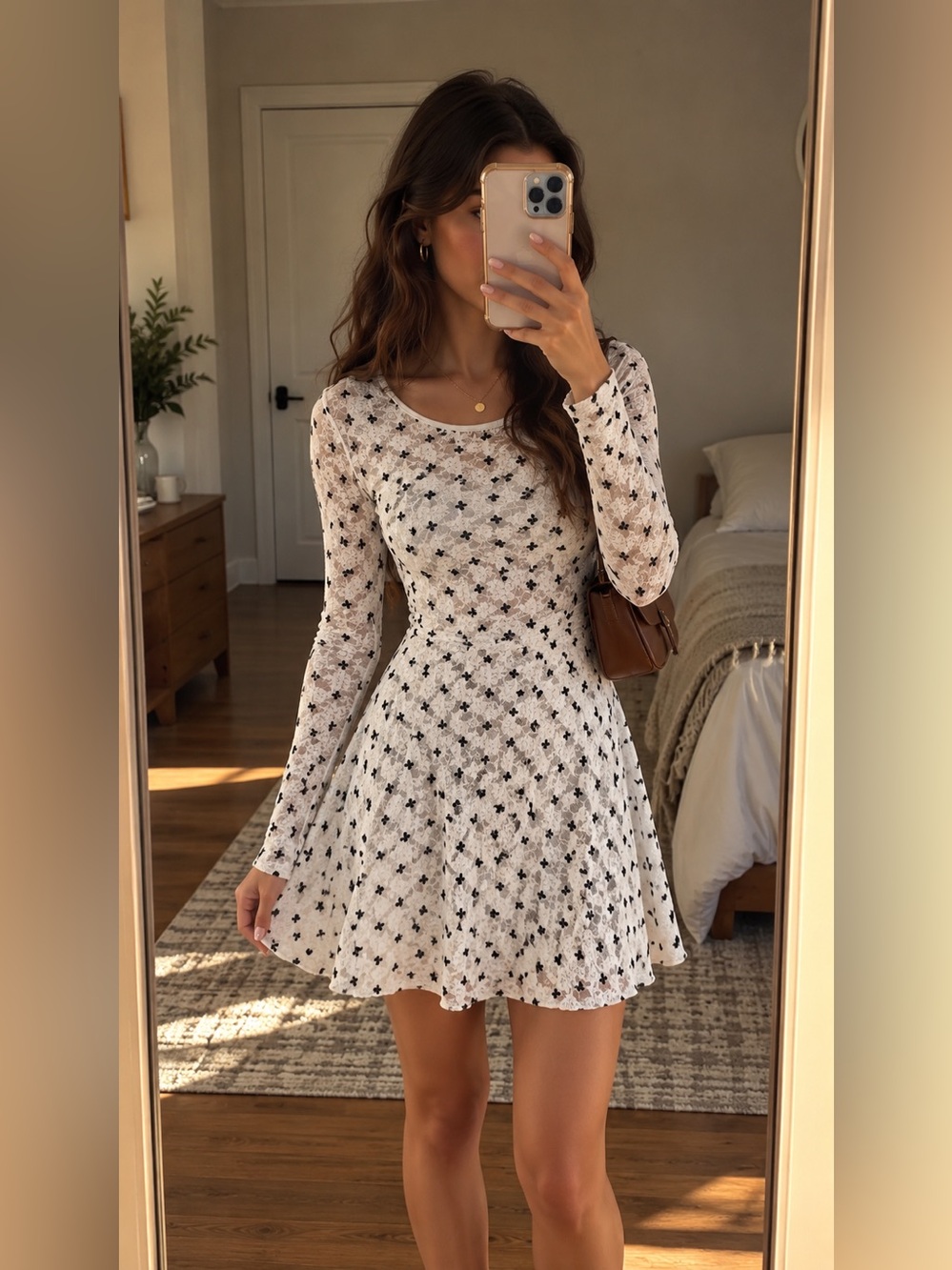 Free People White Black Floral Lace Open Back Mini Dress Size Medium